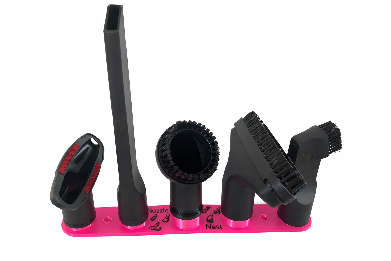 Nozzle Nest premium edition in pink shown with vacuum nozzles (for illustration only)